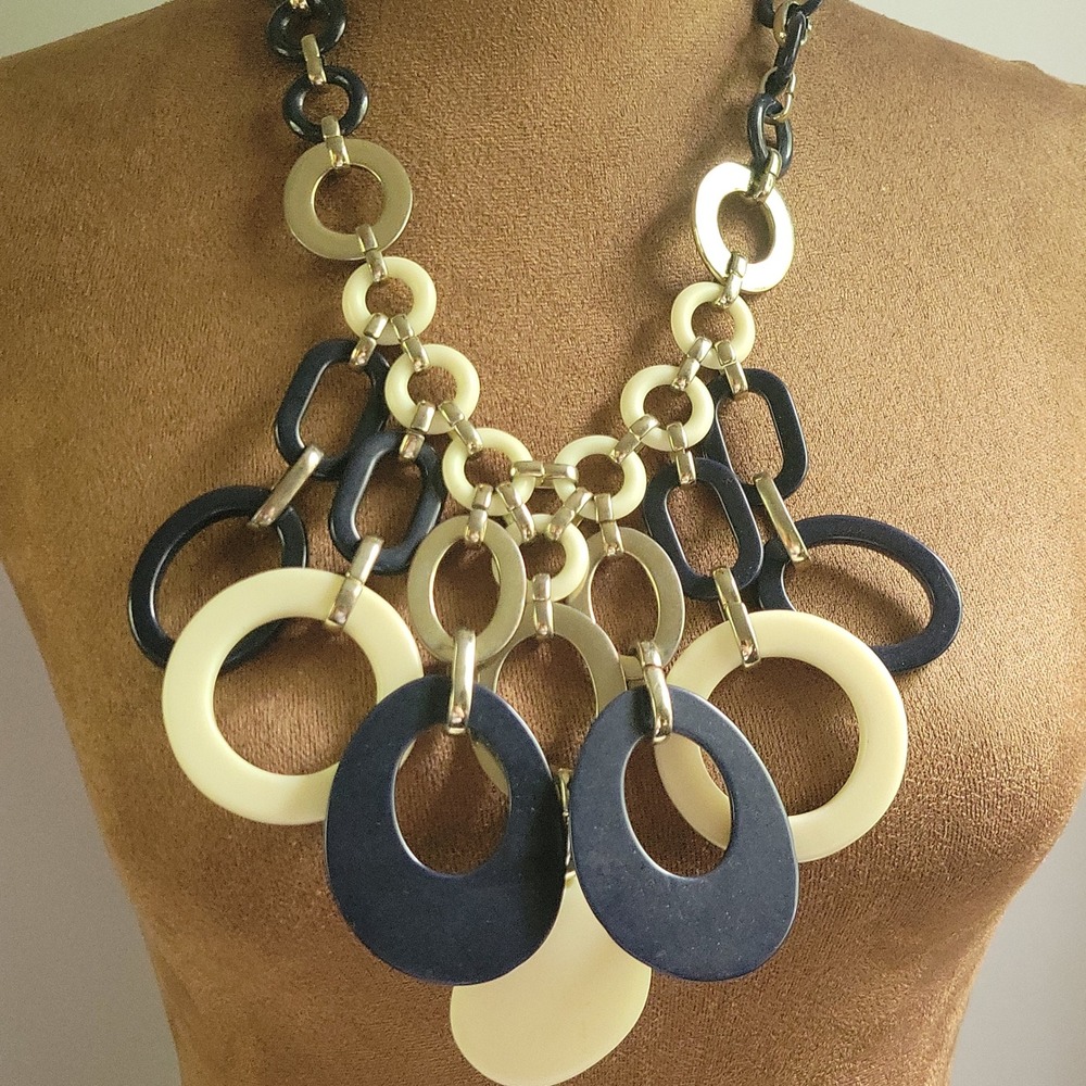 Chico's Navy Blue Cream Black Label Geometric Link Statement Necklace Retro
